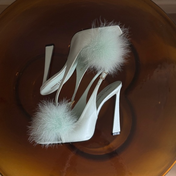 Saint Laurent Mae Slingback Sandals Heels with Feathers in Slight Green Size 38 - Picture 7 of 11
